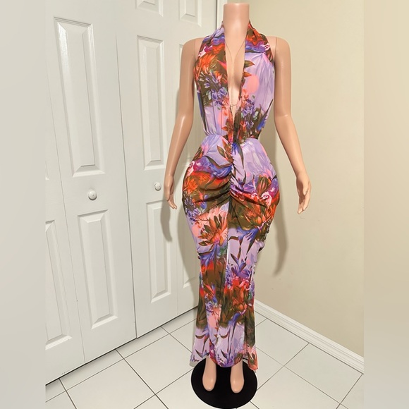 Multicolor Plunge Low Back Dress - Picture 1 of 2